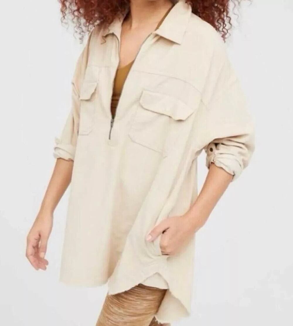 Aerie Offline Corduroy Boho Shacket Tunic Top Oversize M Beige 1/4 Zip Raw Hem